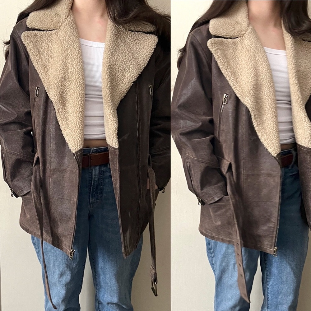 90s Vintage‎ Chocolate Brown Sherpa Lined Genuine Leather Aviator Style Jacket